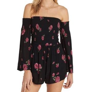 Billabong Hola Noche Off the Shoulder Romper — Black and Pink, Size M
